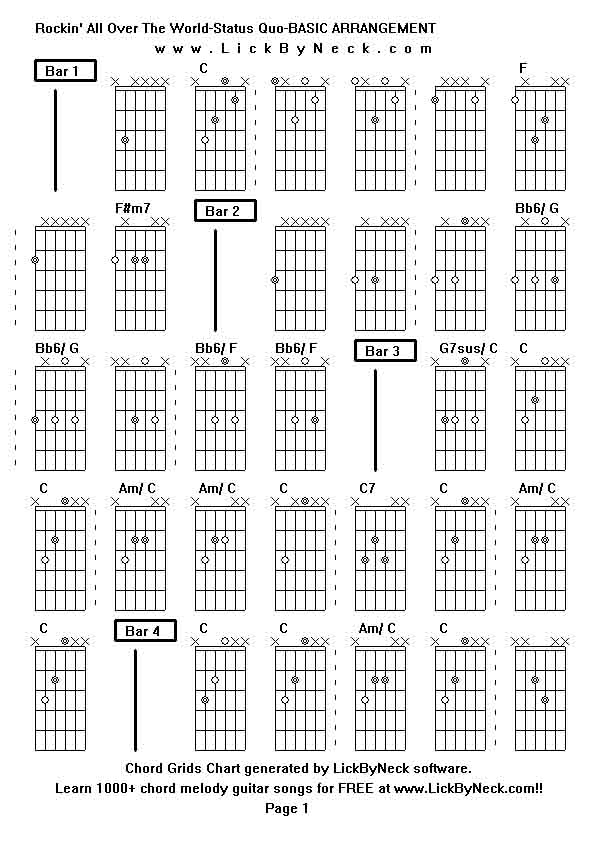 Chord Grids Chart of chord melody fingerstyle guitar song-Rockin' All Over The World-Status Quo-BASIC ARRANGEMENT,generated by LickByNeck software.